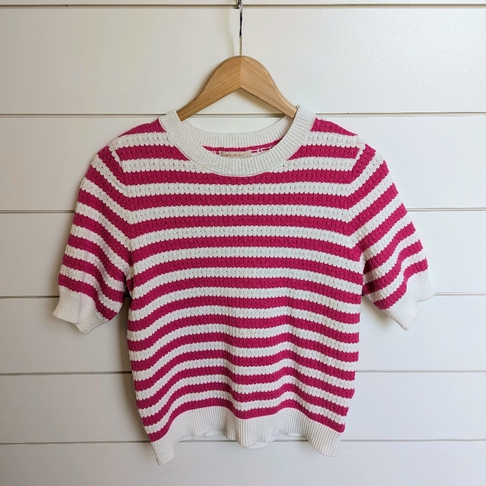 Open Stitch Short Sleeve Sweater Top Pink Stripe  Large Skies Are Blue